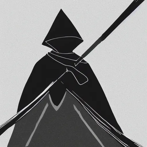 Prompt: a black figure in a grey cloak holding his black spear up to the sky, Digital art