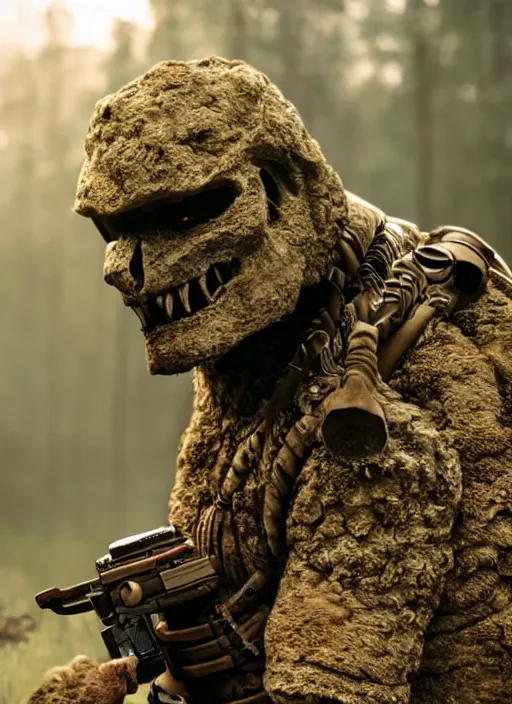 Image similar to cinematic, 4 k, full body portrait, rock golem as a soldier smoking a cigarette, still from the movie predator