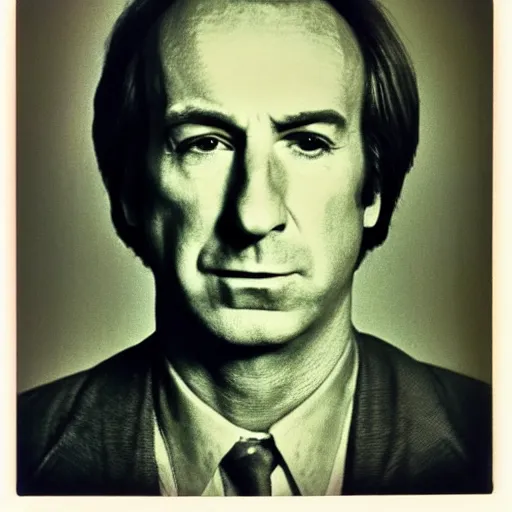 Image similar to Mugshot Portrait of Saul Goodman, taken in the 1970s, photo taken on a 1970s polaroid camera, grainy, real life, hyperrealistic, ultra realistic, realistic, highly detailed, epic, HD quality, 8k resolution, body and headshot, film still, front facing, front view, headshot and bodyshot, detailed face, very detailed face