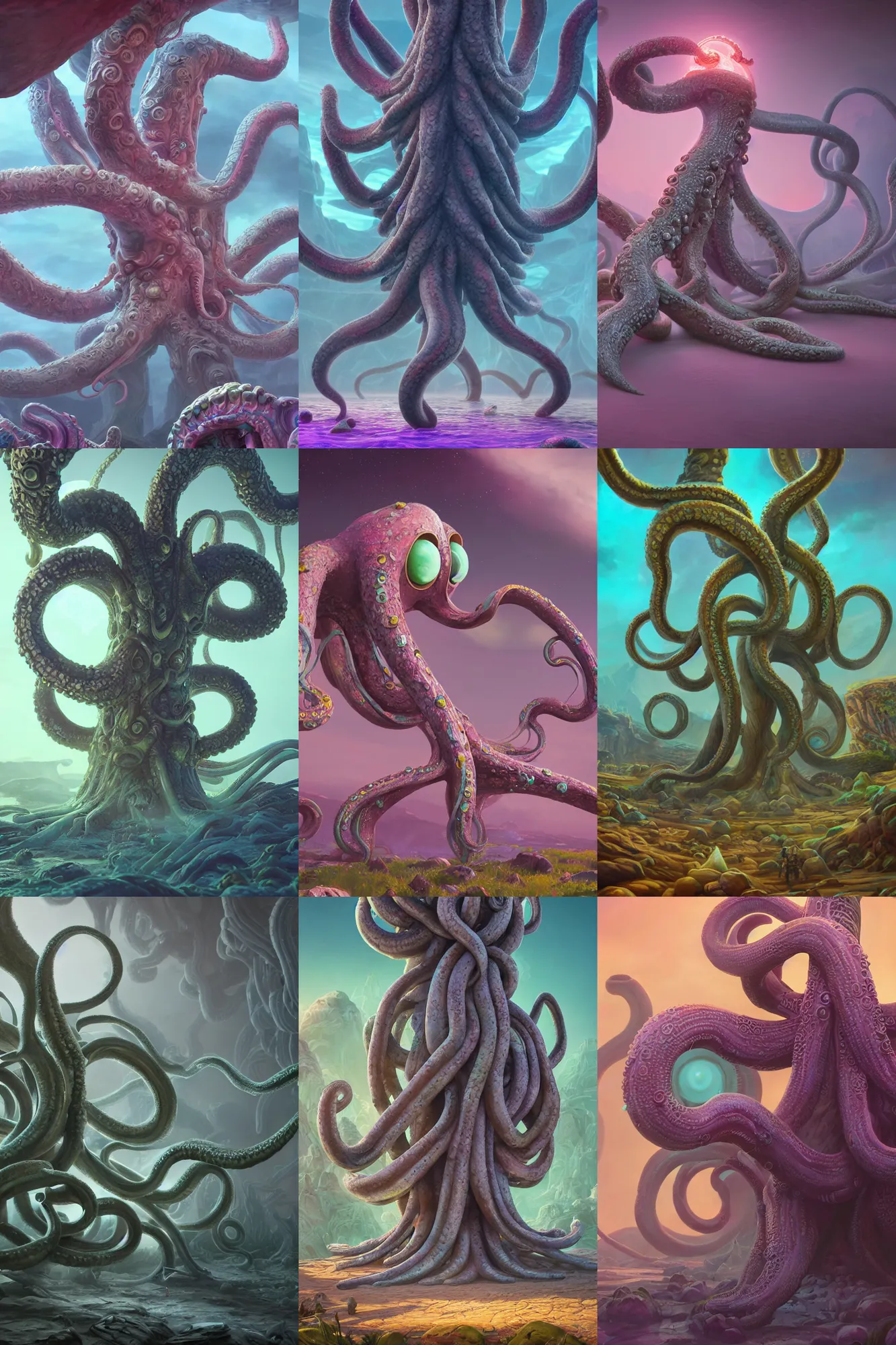 Prompt: giant ancient alien tentacles artwork by matt groening, pastel colors, detailed background, extremely detailed, octane rendering, sharp focus, volumetric light, particles, unreal engine 5, rtx