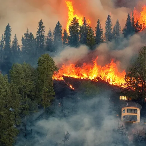 Prompt: a beautiful photo of a small hotel engulfed in a forest fire