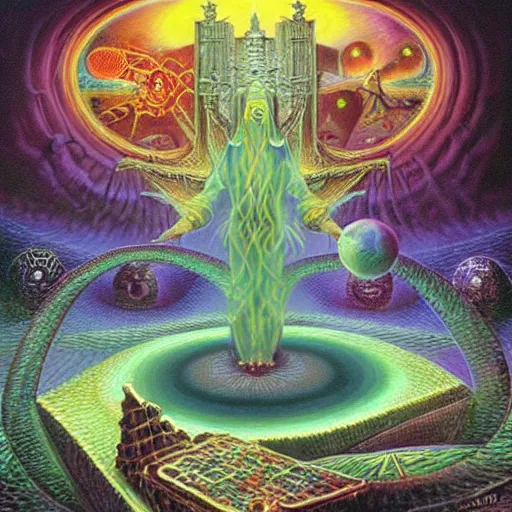 Image similar to hermetic, occult, surreal, hidden knowledge by Paul Lehr, Karl Kopinski and Alex Grey