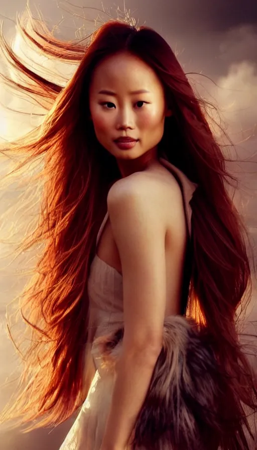 Image similar to photo of a gorgeous young asian redhead girl Jamie Chung , full body, high fashion model, searching for eternity, skulls around, cloud goddess, duality, far away dreamy atmosphere, rays of light, deep shadows, demons in the style of stefan kostic, hyper realistic, sharp focus, 8k high definition, high fashion, vogue, insanely detailed, intricate, elegant, art by stanley lau and artgerm, brom