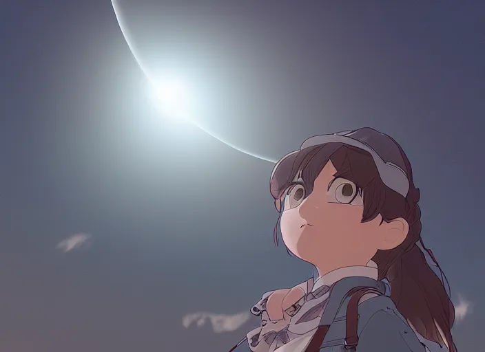 Image similar to total solar eclipse, soft lens, soft light, cel - shading, animation, in the style of cgsociety, deviantart, artstation, zbrush, cinema 4 d, studio ghibli, akihiko yoshida, atelier lulua, masamune shirow