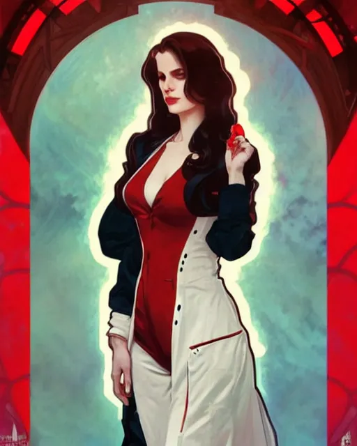 Image similar to lana del rey as a confident scientist, wearing a labcoat, intricate, red white and black color scheme, illustration by krenz cushart, alphonse mucha, artgerm, trending on artstation