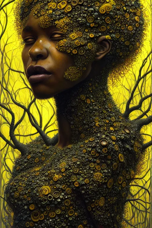 Prompt: hyperrealistic super expressive! black woman with detailed exoskeleton armor, merging with tree in a forest, digital painting masterpiece brad kunkle hannah yata dramatic pearlescent! yellow light low angle hd 8k sharp focus