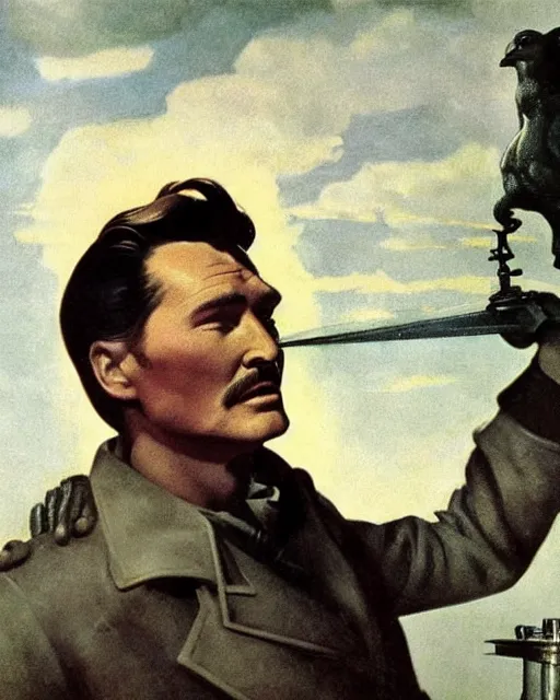 Image similar to Errol Flynn as a scientist. 1980s dystopian Soviet Russia, propaganda screens. Unreal engine, fantasy art by Greg Rutkowski, Gustave Courbet, Rosa Bonheur, Edward Hopper, Ilya Yefimovich Repin, Jean-François Millet, Andrew Newell Wyeth. Faithfully depicted facial expression, perfect anatomy global illumination, radiant light, detailed and intricate environment