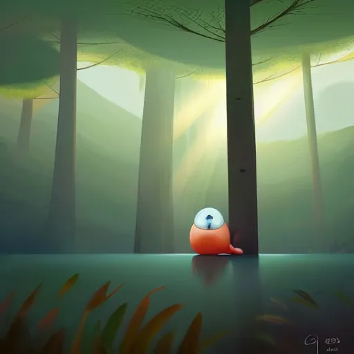 Image similar to goro fujita ilustration a beautiful forest with tall and short trees, with lots of vegetation, reflected in a lake, the rays of light go through the forest,, round characters with two eyes, painting by goro fujita, sharp focus, highly detailed, artstation