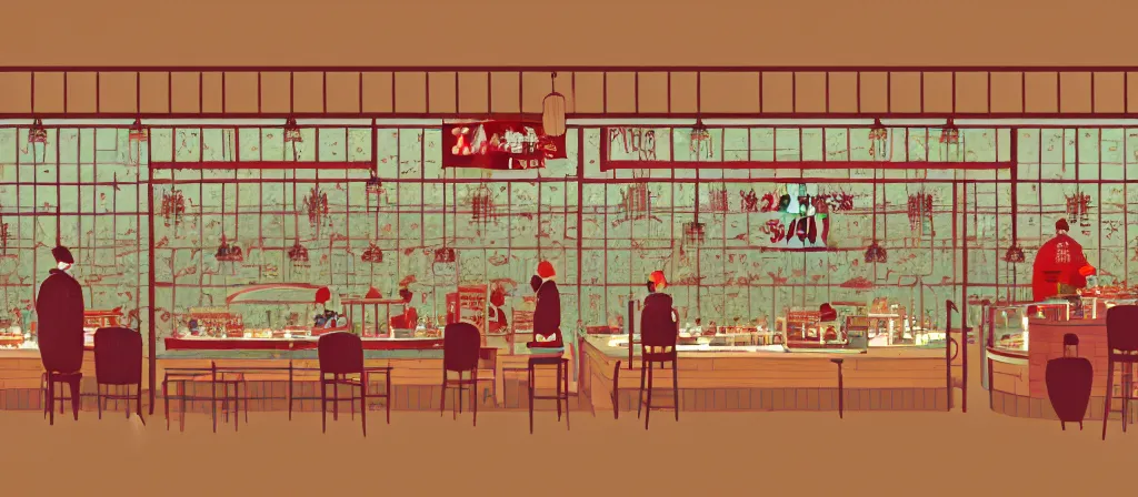 Image similar to a beautiful simple 4 k hd wallpaper illustration of interior view of the corner of roasted string hotpot shop, simple style, from china, with merchant logo, simple structure, surrealistic, chinese style, victo ngai, james jean, denoise, deblurring