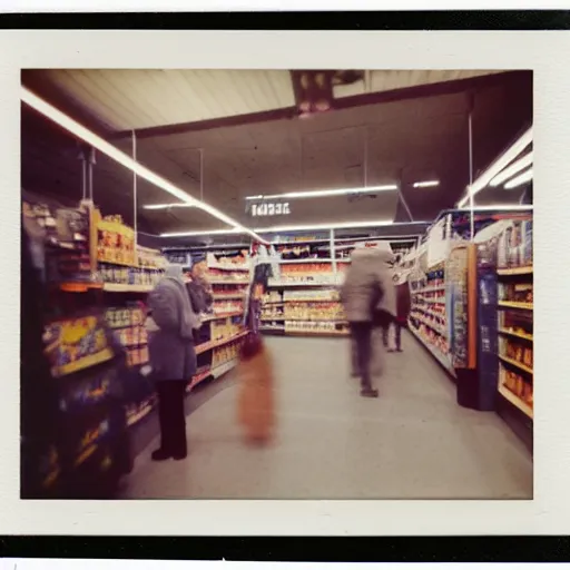 Image similar to Vintage Photograph of a futuristic time machine inside of a grocery store, shallow depth of field, awkward, out of place, polaroid 600 Color