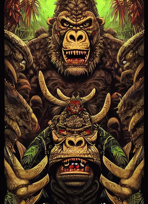 Image similar to barong family member, wiwek, mara demon, lizard tongue, one single tribe member, jungle, one single mask, dark, ancient warrior, gorilla, tribals, art by dan mumford and justin gerard