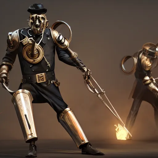 Image similar to dishonored clockwork soldiers in melee combat with rick astley, realism, artstationhd, octane render, cgsociety, 3 d shading, r / art