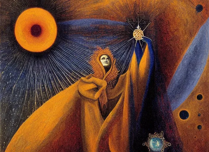 Image similar to a shaman! woman holding up the cosmic universe, by remedios varo, reflection, symbolist, cold colors, dramatic lighting, smooth, sharp focus, extremely detailed, aesthetically pleasing composition