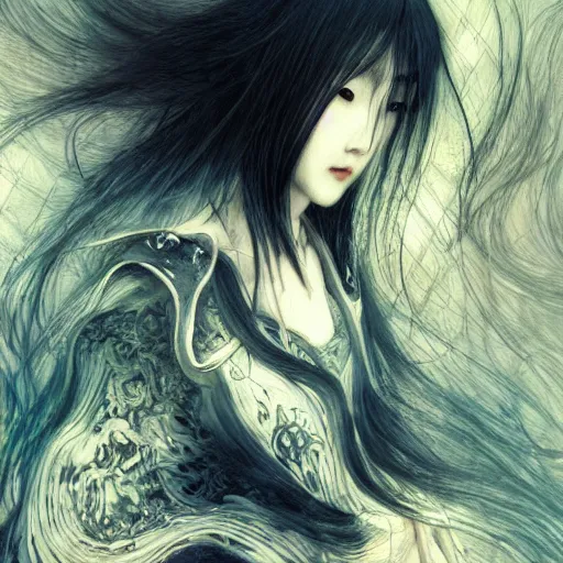 Image similar to yoshitaka amano blurred and dreamy realistic illustration of a japanese woman with black eyes, wavy white hair fluttering in the wind wearing elden ring armor with engraving, abstract patterns in the background, satoshi kon anime, noisy film grain effect, highly detailed, renaissance oil painting, weird portrait angle, blurred lost edges, three quarter view