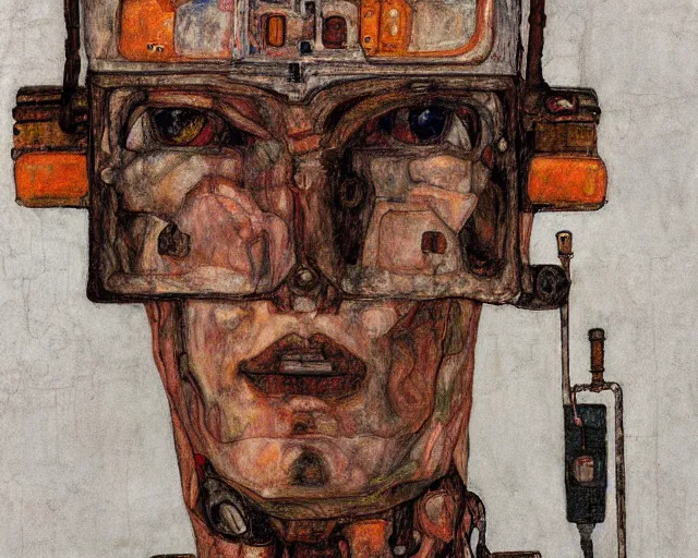 Image similar to portrait of a robot by egon schiele in the style of greg rutkowski