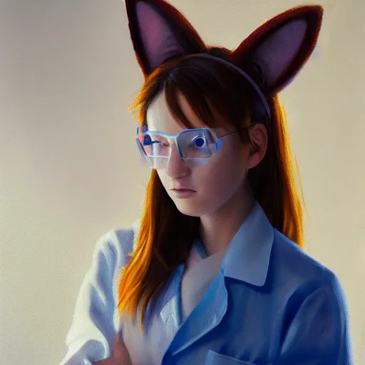 Prompt: girl with cat ears wearing a labcoat in a biology lab, microscope on table, expressive oil painting, trending on artstation, sunlit, octane render, brushstrokes, beautiful face portrait, beautiful lighting