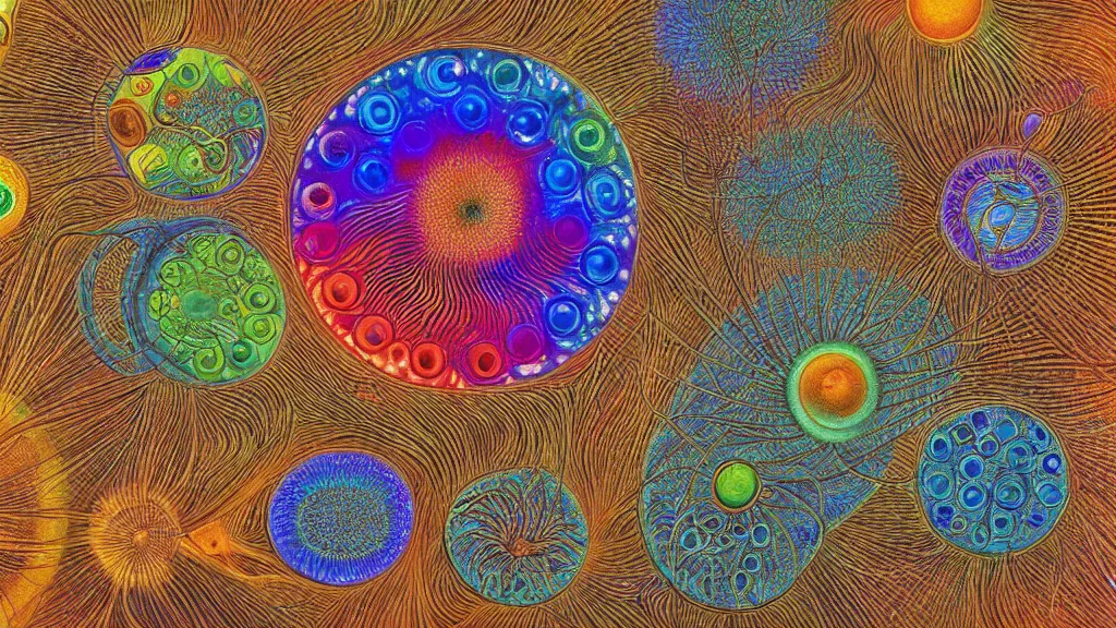 Image similar to quantum connections represented as symbiotic organisms like cells playing around with colorful lights by ernst haeckel, solid