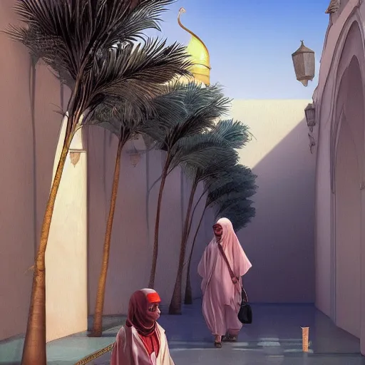 Image similar to cat travels through marrakech streets, morocco, palm trees, mosque, vaporwave, highly detailed, digital painting, artstation, concept art, smooth, sharp focus, illustration, art by artgerm and greg rutkowski and alphonse mucha