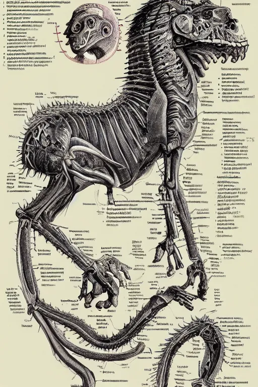 Prompt: anatomical encyclopedia illustration of a chimera, photorealistic, diagram, intricate details