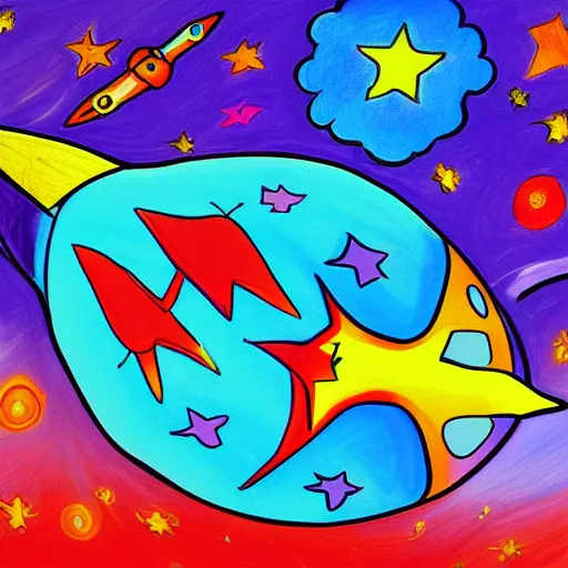 Prompt: a painting of a rocket ship flying through space, a child's drawing by Peter Max, behance contest winner, space art, behance hd, photoillustration, childs drawing