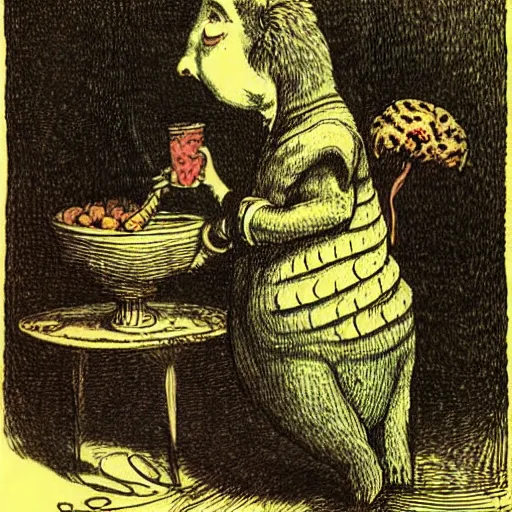 Image similar to A hookah smoking caterpillar, Alice In Wonderland, Absolem, Lewis Carol. by John Tenniel ::