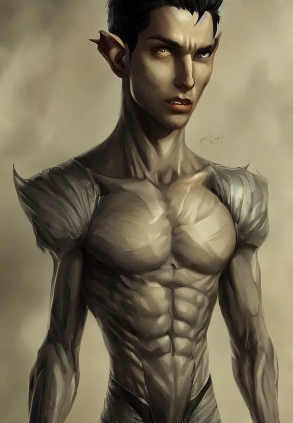 Prompt: a cute calm handsome young adult male muscular slim blu skin elf with grey light tight clothes concept art in the style of lee bermejo and greg rutkowski