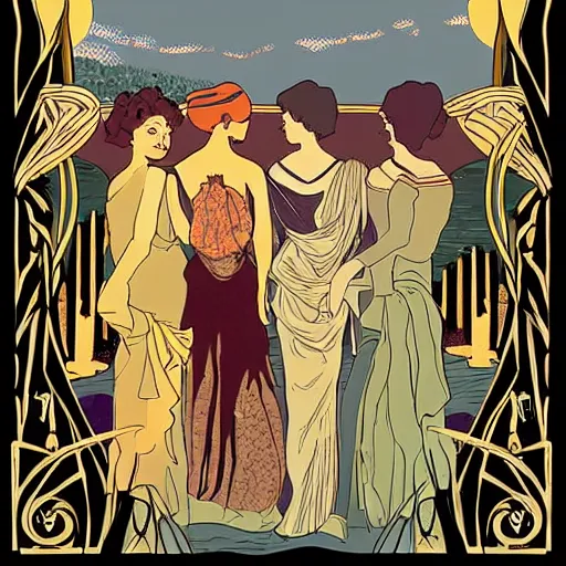 Image similar to the women gathered by the river as the sun set , high quality digital art in the style of Art Nouveau,