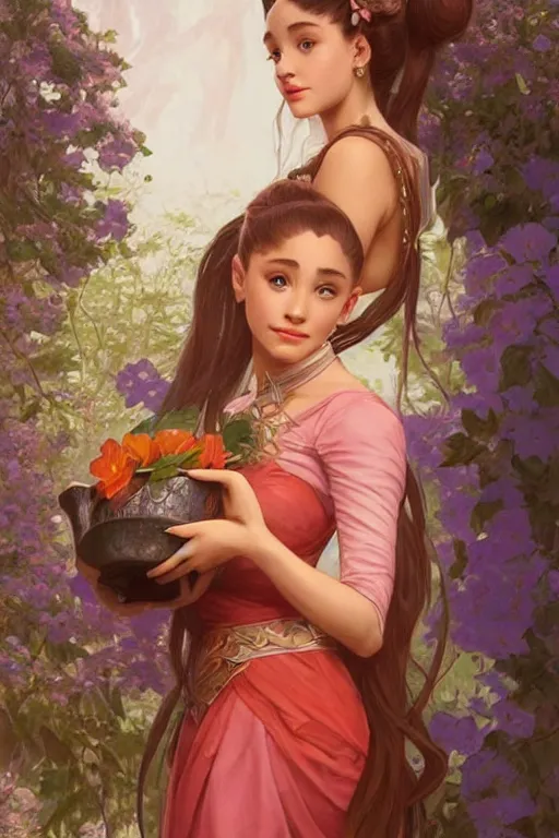 Prompt: beautiful cottagecore Ariana Grande holding a salmon colored vase. intricate, elegant. highly detailed, digital painting, artstation, concept art, smooth, sharp, focus, illustration. . art by artgerm and greg rutkowski and alphonse mucha