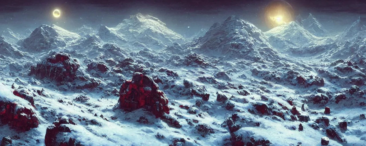 Image similar to ” outer planet with a rugged snow topped mountain range, [ art by paul lehr, cinematic, detailed, epic, widescreen, opening, establishing, mattepainting, photorealistic, realistic textures, octane render ] ”