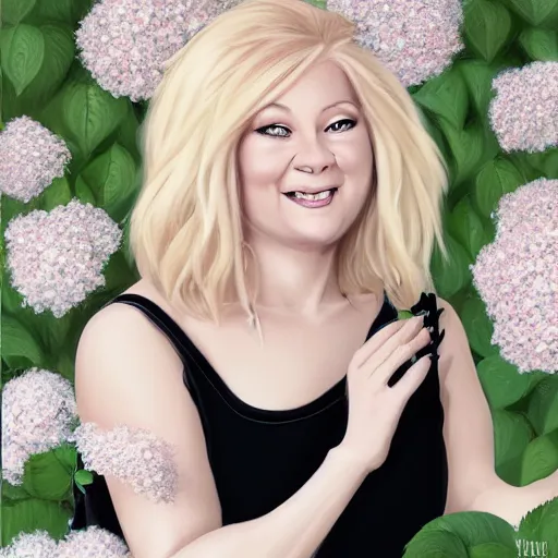 Image similar to 5 0 year old mildly overweight blonde woman, welcoming grin, wearing black, surrounded by hydrangeas, small white dog at her side, portrait, headshot, in the style of alexis franklin, thomas river, ross tran, wlop, artgerm, detailed, high quality