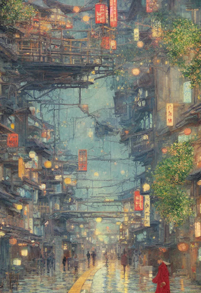 Image similar to a beautiful japanese city near the sea, ryokans and edo era houses, cyberpunk, lofi vibe, colorful, oil painting in impressionist style, by jeremy lipkin, by claude monet, by makoto shinkai, multiple brush strokes, inspired by ghibli, masterpiece, beautiful