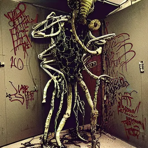 Prompt: “ugly filthy gross fleshy raw meat insectoid cybernetic mummy knight wrapped in barbed wire standing in a filthy dirty small server room covered with graffiti, garbage and networking cables. David Cronenberg. Body horror style. 35mm.”