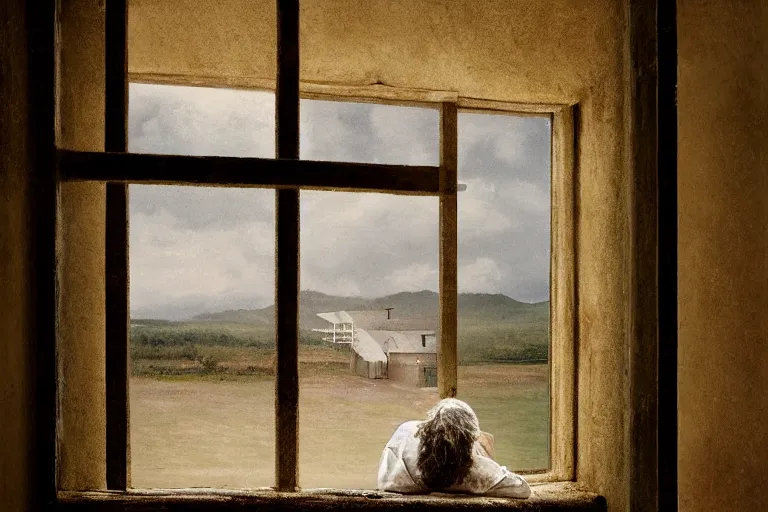 Image similar to a cinematic painting of an old female prisoner inside of jail cell looking out of a window onto a beautiful serene landscape, beautiful lighting, high depth, ultra realistic, artistic, by annie leibovitz, by hendrik kerstens