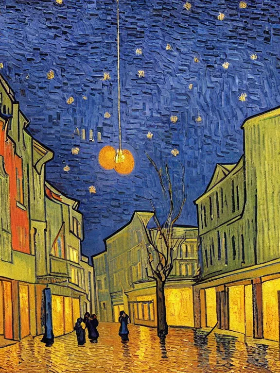 Image similar to van gogh painting of low residential building in russian suburbs, lights are on in the windows, deep night, post - soviet courtyard, cozy atmosphere, light fog, street lamps with orange light, several birches nearby, several elderly people stand at the entrance to the building