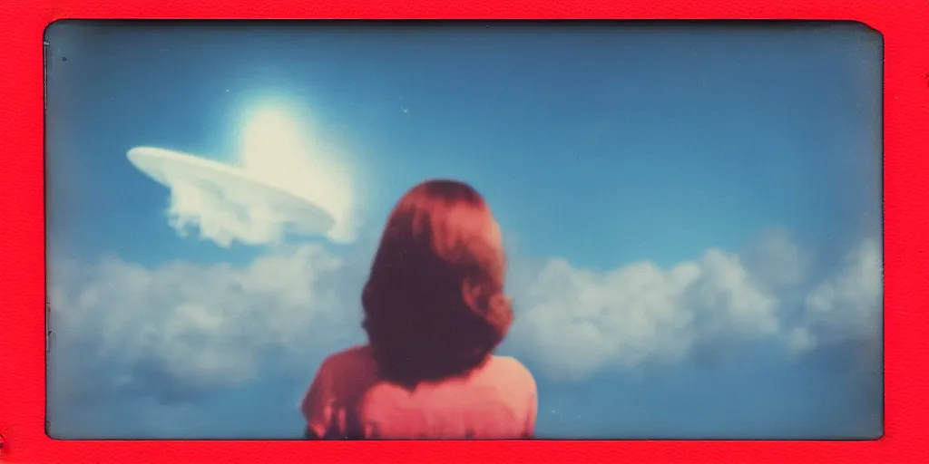 Prompt: vintage polaroid of a beautiful woman spotting a ufo in the sky, seen from behind, detailed clouds, warm azure tones, red color bleed, film grain