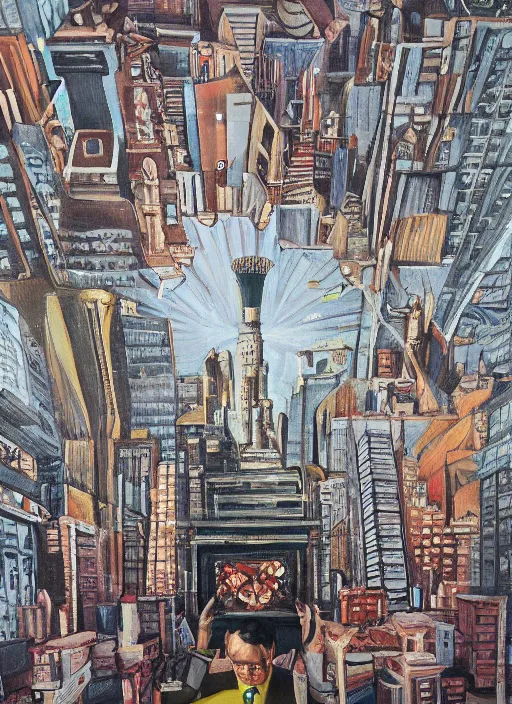 Prompt: detailed painting of a man standing in a city with his eyes open but everyone else has their eyes closed, crt drones fly above