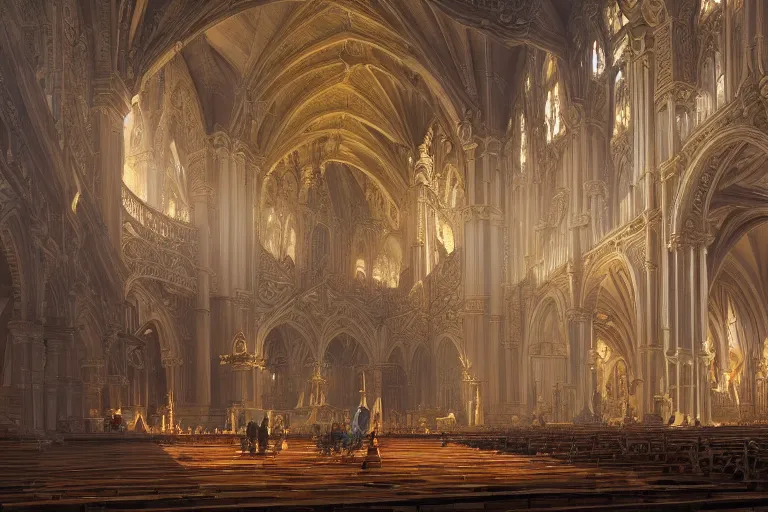 Prompt: extremely large church, beautiful, d & d, fantasy, intricate, elegant, highly detailed, digital painting, epic wide shot, trending on artstation, concept art, matte, sharp focus, illustration, art by noah bradley, scott m fischer, greg rutkowski, john avon