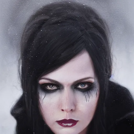 Image similar to furious dark haired women, portrait by tyler jacobson, steve argyle, wearing black coat, black makeup, ice mage, shooting ice, oil painting,, fantasy artwork, fantastic artwork, 4 k, trending on artstation