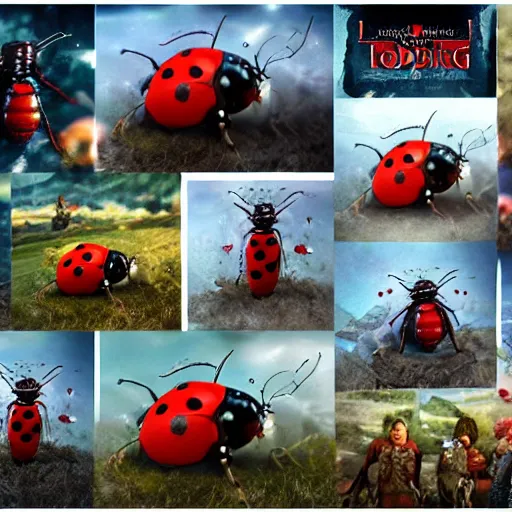 Image similar to promotional movie still, ladybugs, ladybug hybrids, ladybug hobbits, ladybug robots, space western, the fellowship of the ring ( film ), 3 d render