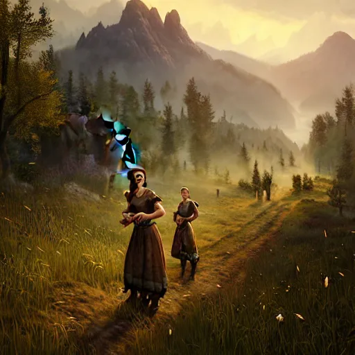 Prompt: the elder scrolls vi, small farmhouse, village girl in dirndl, mountainous sloping meadow and slightly forested background, atmospheric lighting, painted, intricate, volumetric lighting, beautiful, rich deep colors masterpiece, sharp focus, ultra detailed by leesha hannigan, ross tran, thierry doizon, kai carpenter, ignacio fernandez rios