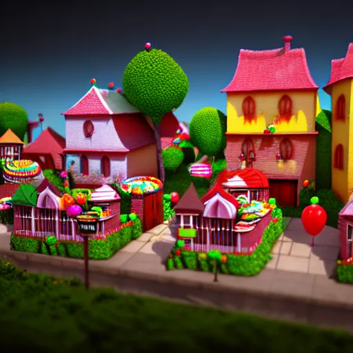 Prompt: Village made of sweets, 4k octane render, detailed art, artstation, streetview, CGSociety, deviantart