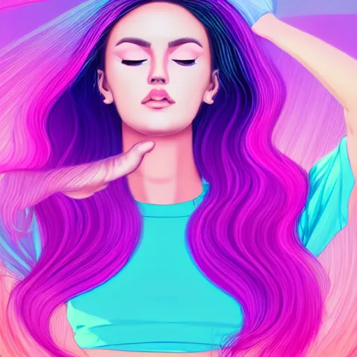 Image similar to a award winning head and torso portrait of a beautiful woman in a croptop with a ombre purple pink teal hairstyle with head in motion and hair flying, outrun, vaporware, vivid colors, highly detailed, fine detail, intricate