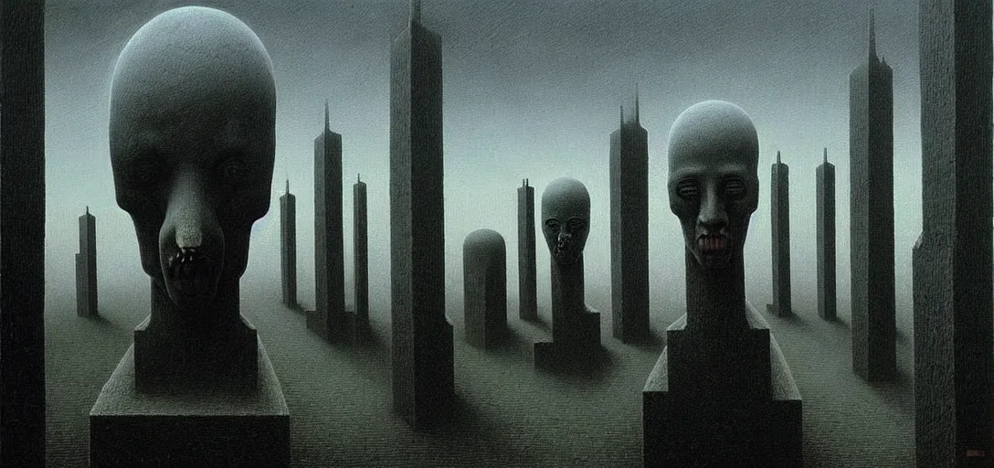 Image similar to dystopian surreal painting of eerie head statues and buildings by zdzisław beksinski, creepy, atmospheric, unsettling