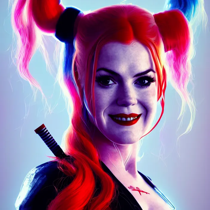 Image similar to portrait of Isla Fisher as harley quinn. intricate abstract. intricate artwork. by Tooth Wu, wlop, beeple, dan mumford. octane render, trending on artstation, greg rutkowski very coherent symmetrical artwork. cinematic, hyper realism, high detail, octane render, 8k, iridescent accents