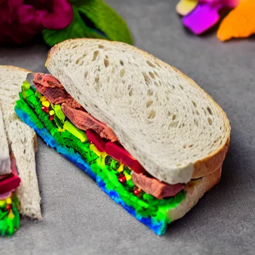 Image similar to an extremely high quality photo of a surreal rainbow-opal-topaz-sandwich, the polymer clay ((sandwich)) creation, a hybrid mixture of sandwichopalrainbow and opalrainbowtopaz, promotional photo, 4k polymer clay food photography