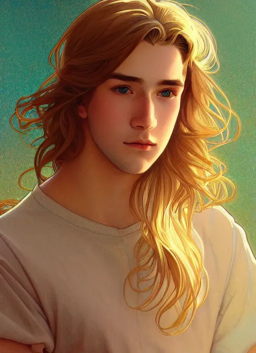 Image similar to pretty young man with shoulder length shiny shimmering golden blond hair, path traced, highly detailed, high quality, digital painting, by studio ghibli and alphonse mucha, leesha hannigan, disney