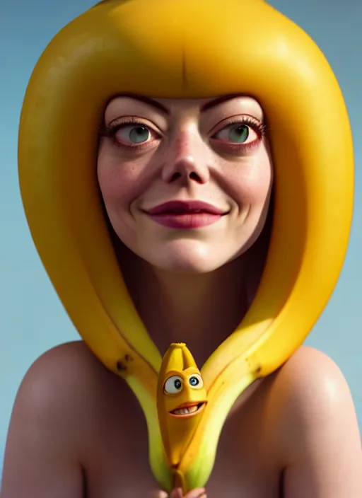 Prompt: anthropomorphic portrait of emma stone as a banana, au naturel, hyper detailed, digital art, trending in artstation, cinematic lighting, studio quality, smooth render, unreal engine 5 rendered, octane rendered, art style by klimt and nixeu and ian sprigger and wlop and krenz cushart and pixar and riot and overwatch