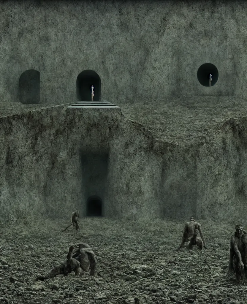 Prompt: a cryptic panopticon full on inmates and monsters, film still from the movie directed by Denis Villeneuve with art direction by Zdzisław Beksiński, wide lens