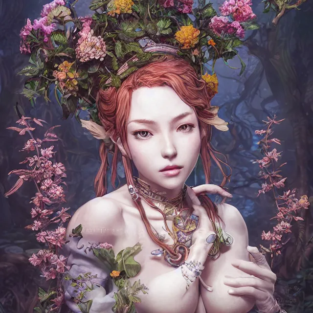 Prompt: the portrait of chaotic good female druid botanist as absurdly beautiful, gorgeous, elegant, young gravure idol, an ultrafine hyperdetailed illustration by kim jung gi, irakli nadar, intricate linework, bright colors, octopath traveler, final fantasy, unreal engine 5 highly rendered, global illumination, radiant light, detailed and intricate environment