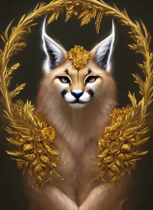 Prompt: cute fluffy caracal as apollo ancient greek god, golden wreath at background, details, fantasy, epic, ancient greek city, intricate, decadent, highly detailed, octane render, digital painting, artstation, concept art, sharp focus, illustration, art by artgerm, loish, wlop